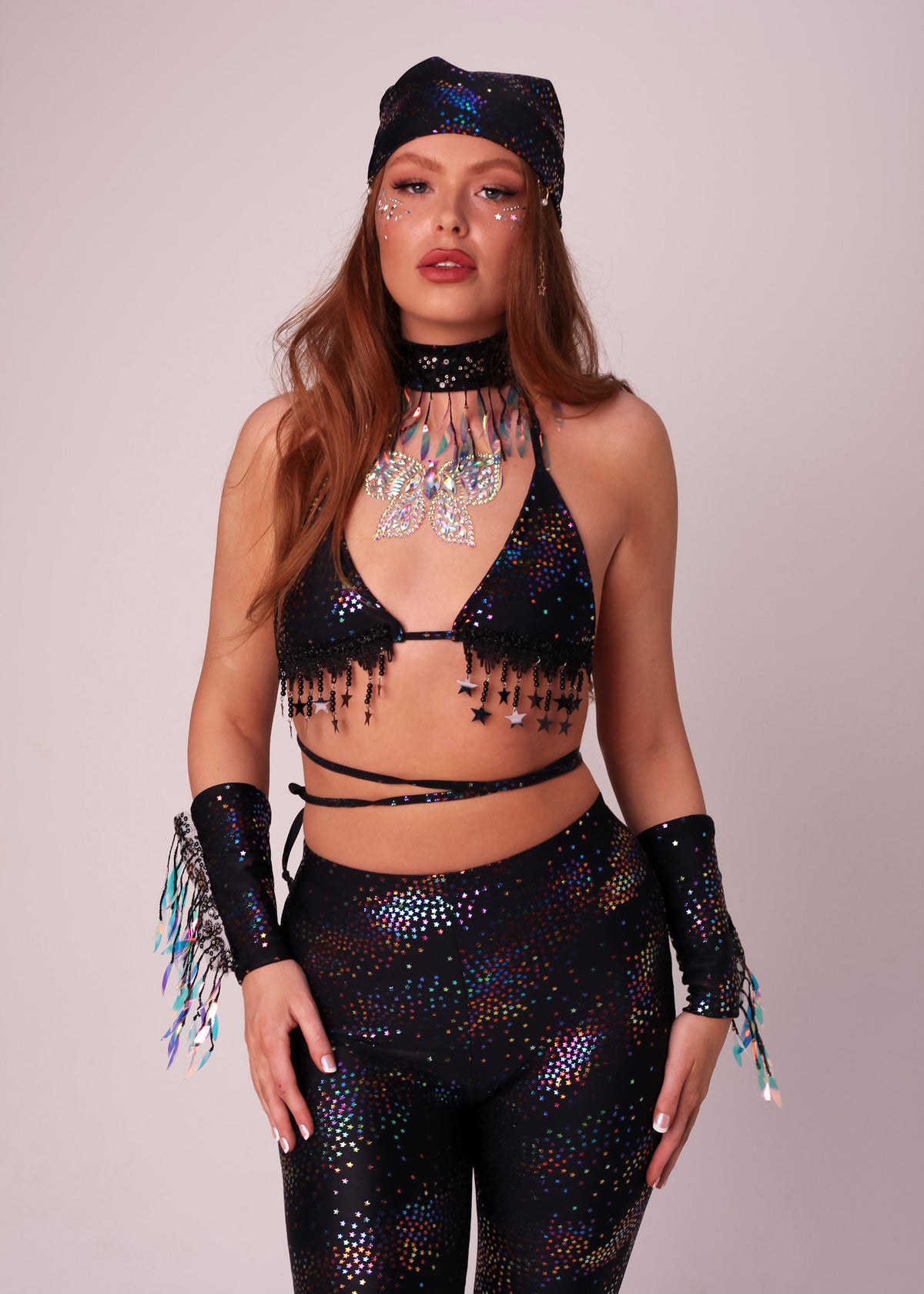 Black Celestial Star Triangle Top and Flared Pants