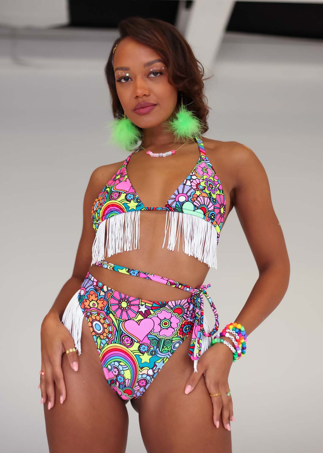 Trippin Daisies Fringe Triangle Top and Trippin Daisies Fringed Thong Bottoms