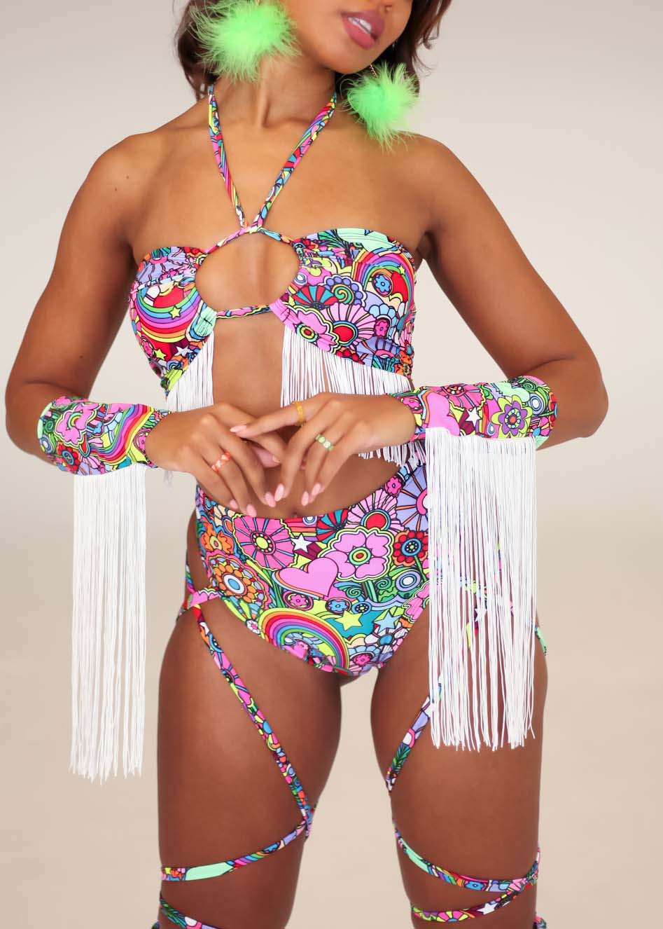 Trippin Daisies Fringe Keyhole Bandeau Top and Trippin Daisies High Cut Bottoms with Leg Ties