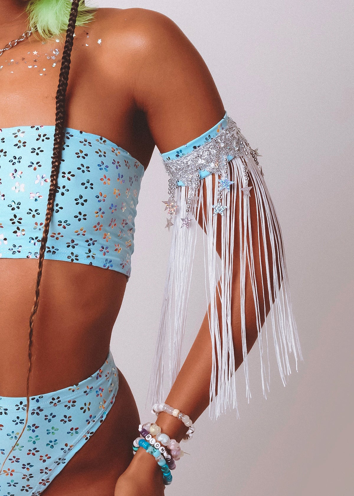 Baby Blue Gypsy Star and White Long Fringed Arm Cuffs