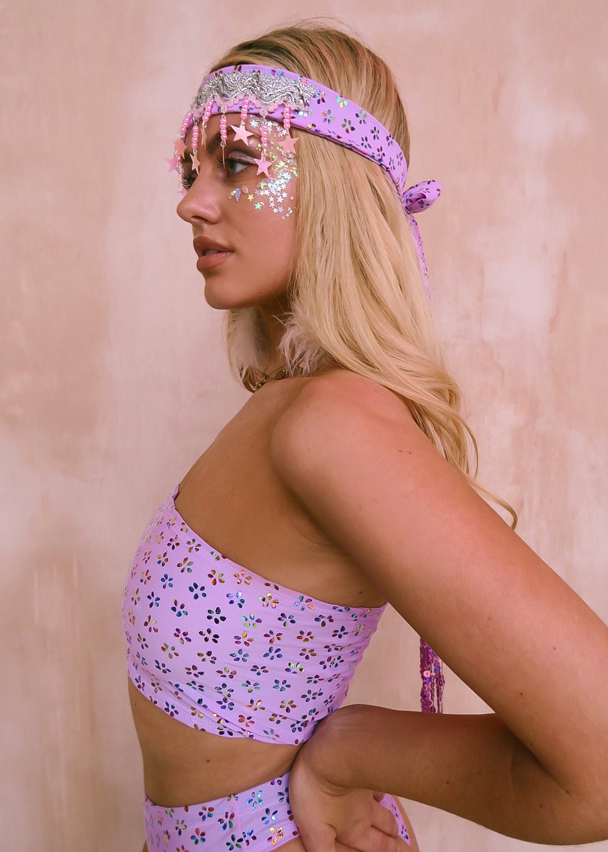 Lilac Gypsy Star Sequin Headband with Holo Silver Trim