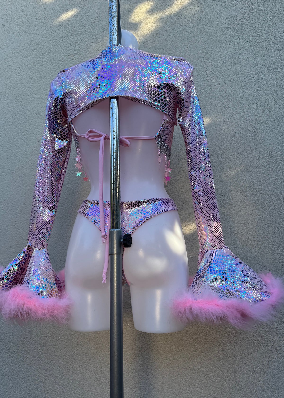 Pink Opal Snakeskin Halter Bodysuit and Floof Shrug