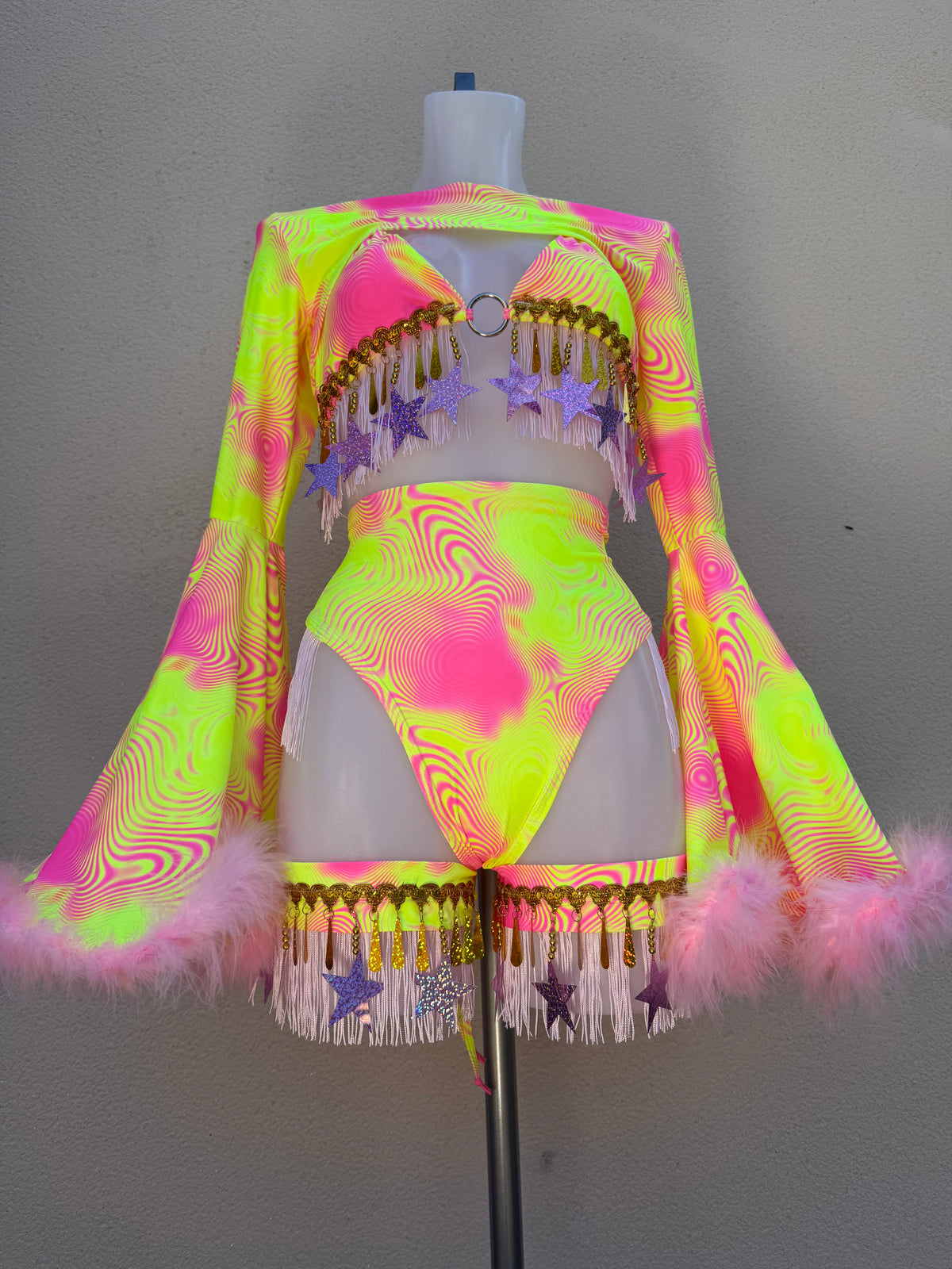 Neon Pink and Yellow Festival Outfit with Star Fringed Accessories and Floof Shrug