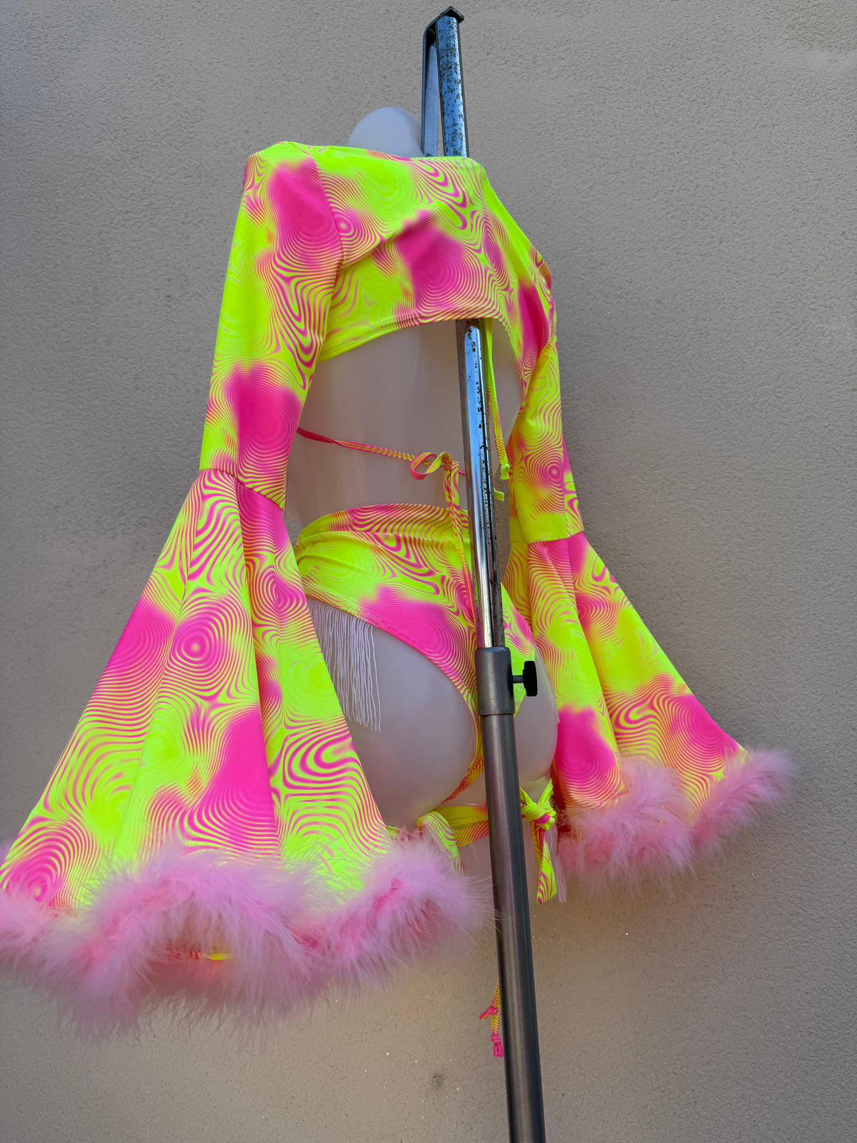 Neon Pink and Yellow Festival Outfit with Star Fringed Accessories and Floof Shrug