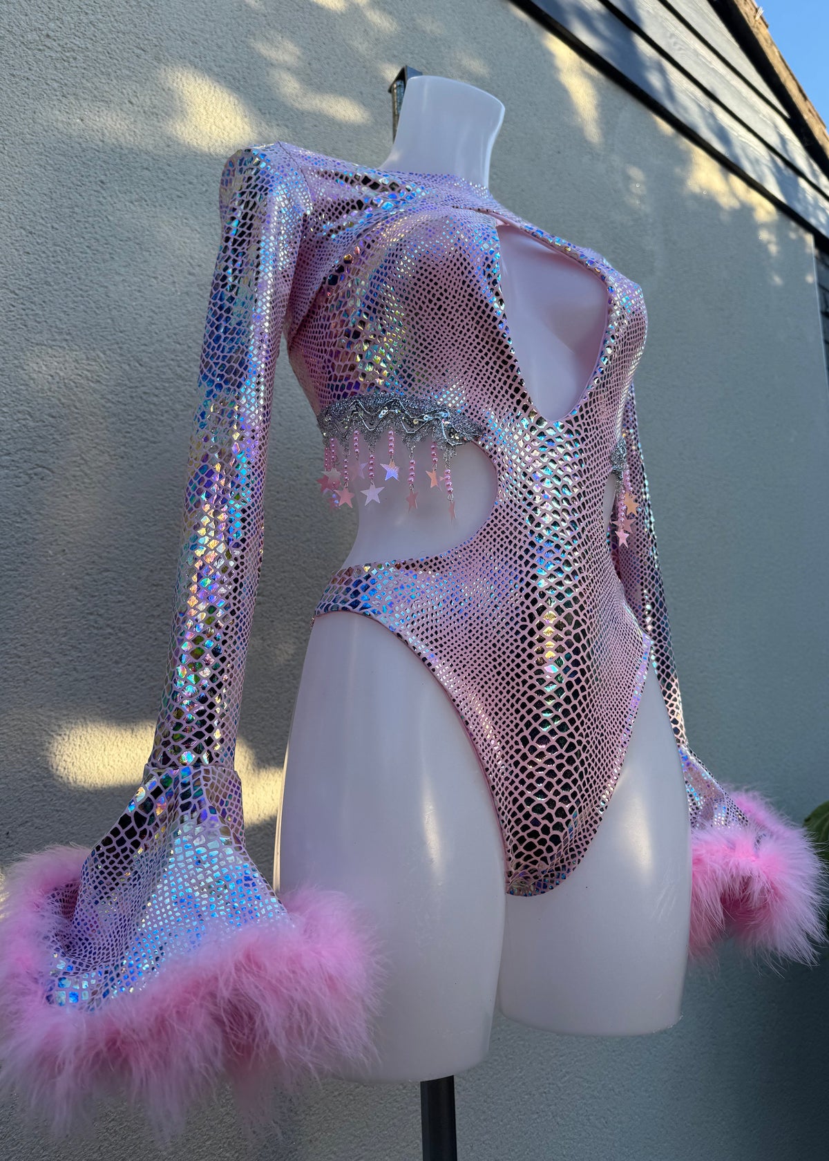 Pink Opal Snakeskin Halter Bodysuit and Floof Shrug