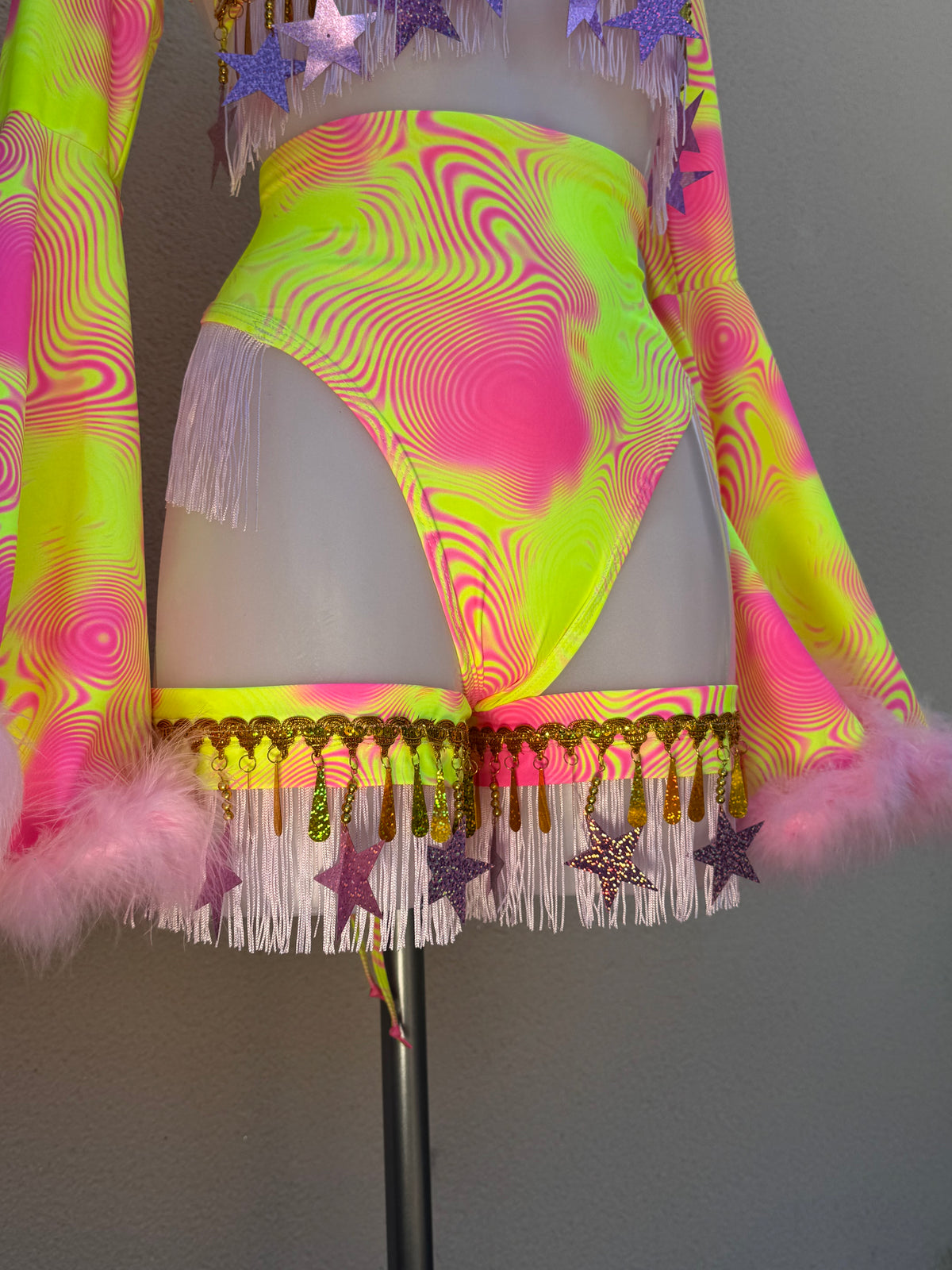 Neon Pink and Yellow Festival Outfit with Star Fringed Accessories and Floof Shrug