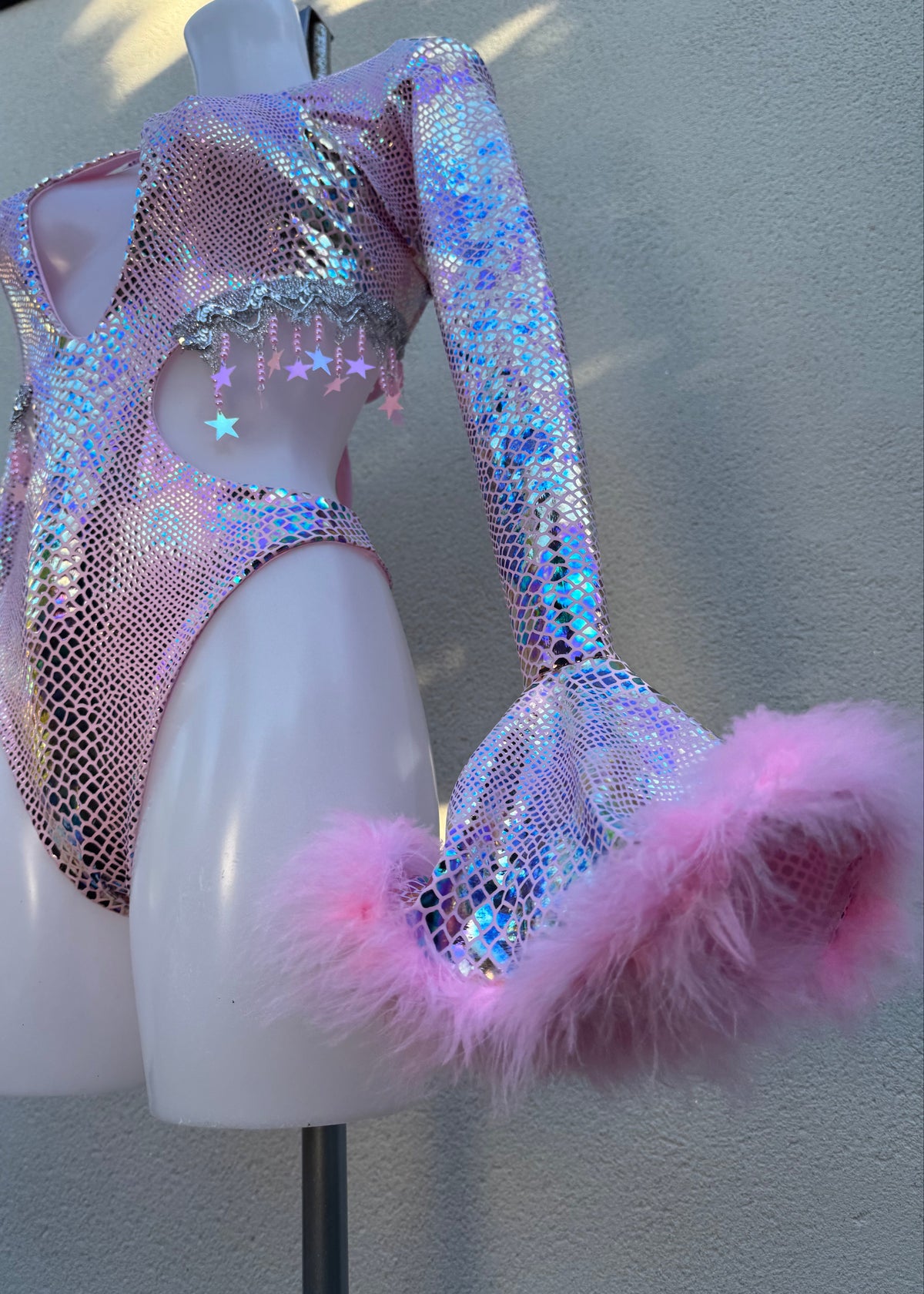 Pink Opal Snakeskin Halter Bodysuit and Floof Shrug
