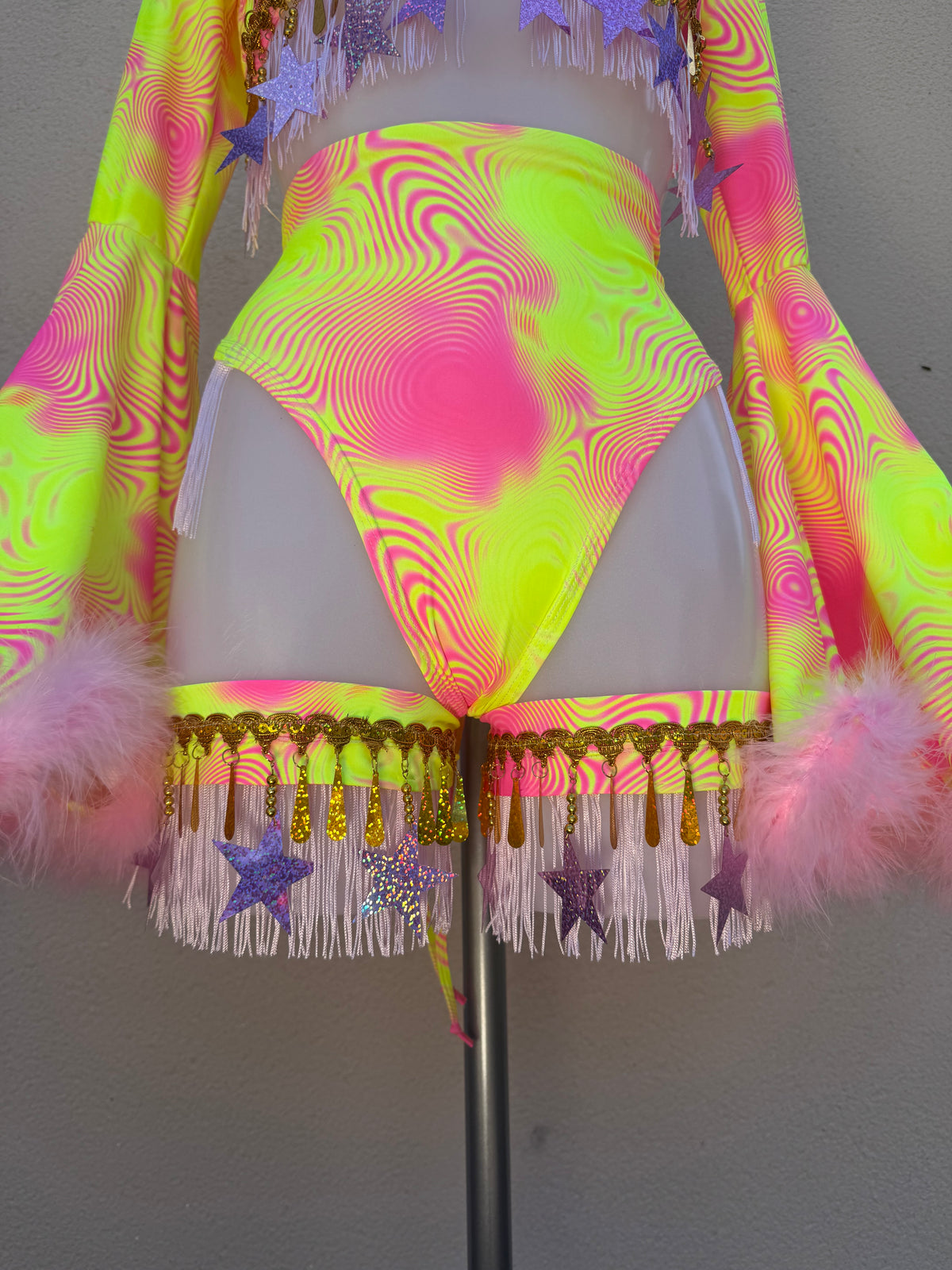 Neon Pink and Yellow Festival Outfit with Star Fringed Accessories and Floof Shrug