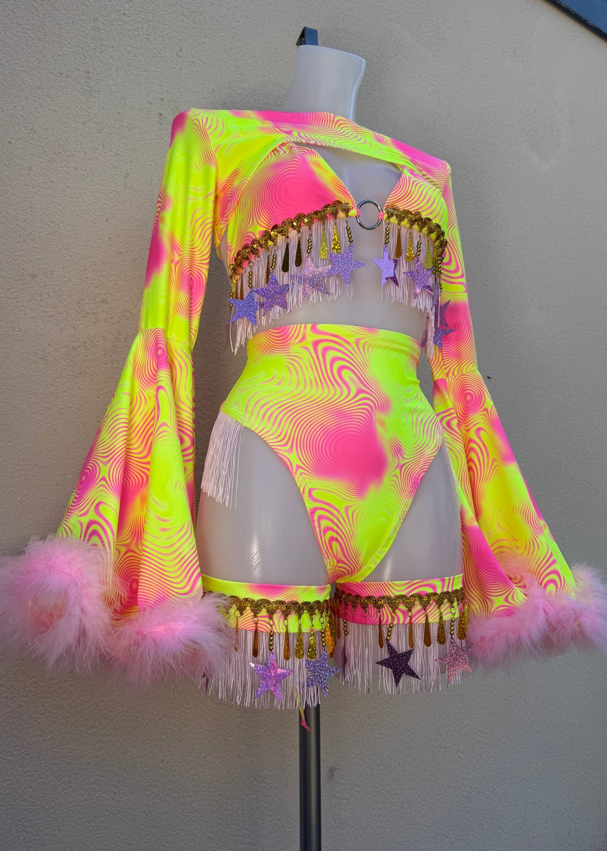 Neon Pink and Yellow Festival Outfit with Star Fringed Accessories and Floof Shrug