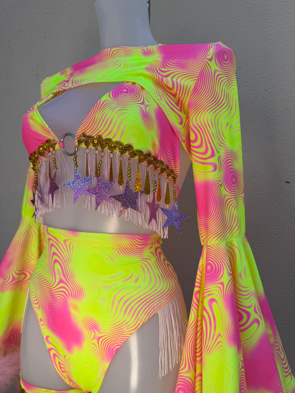 Neon Pink and Yellow Festival Outfit with Star Fringed Accessories and Floof Shrug