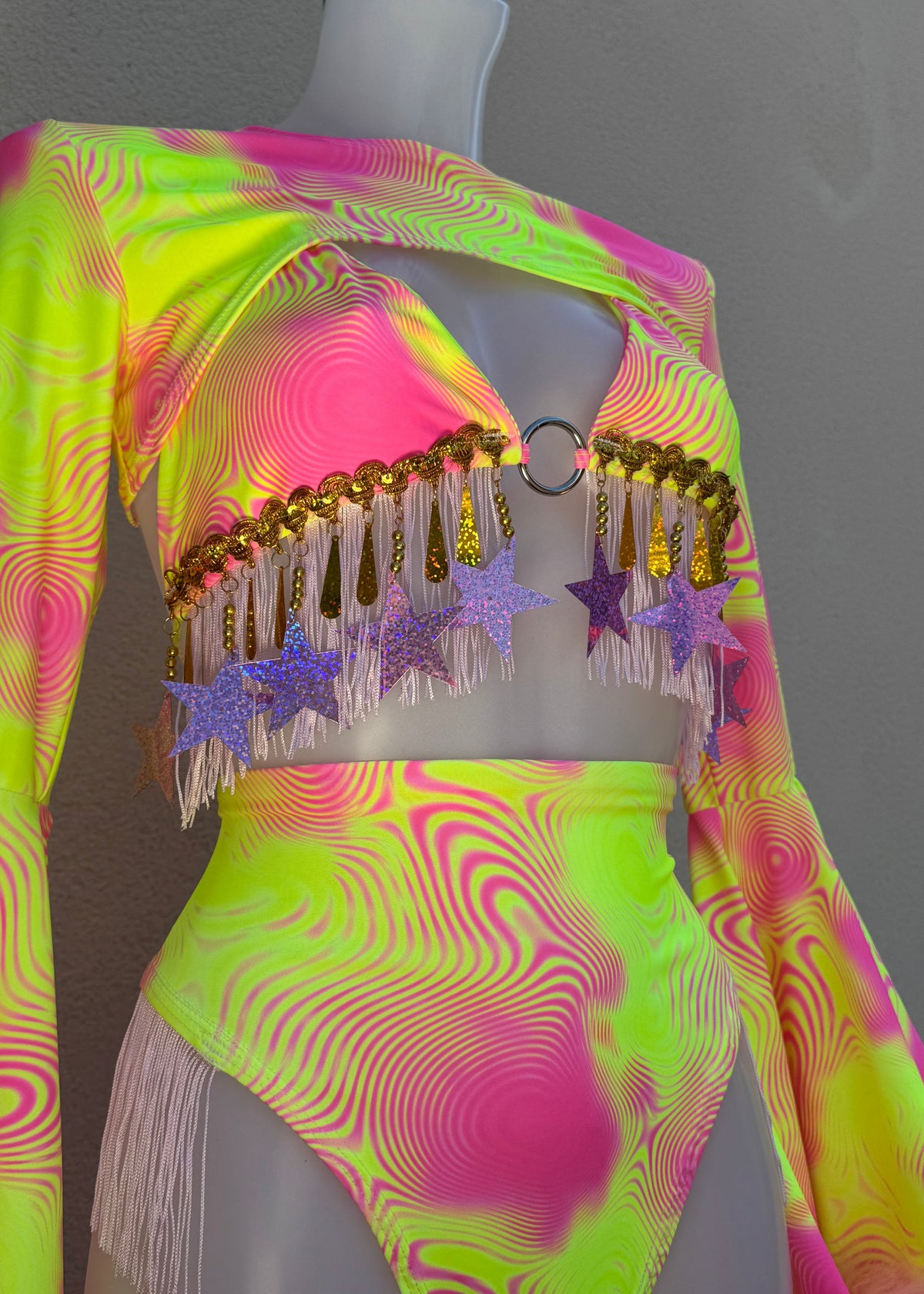 Neon Pink and Yellow Festival Outfit with Star Fringed Accessories and Floof Shrug
