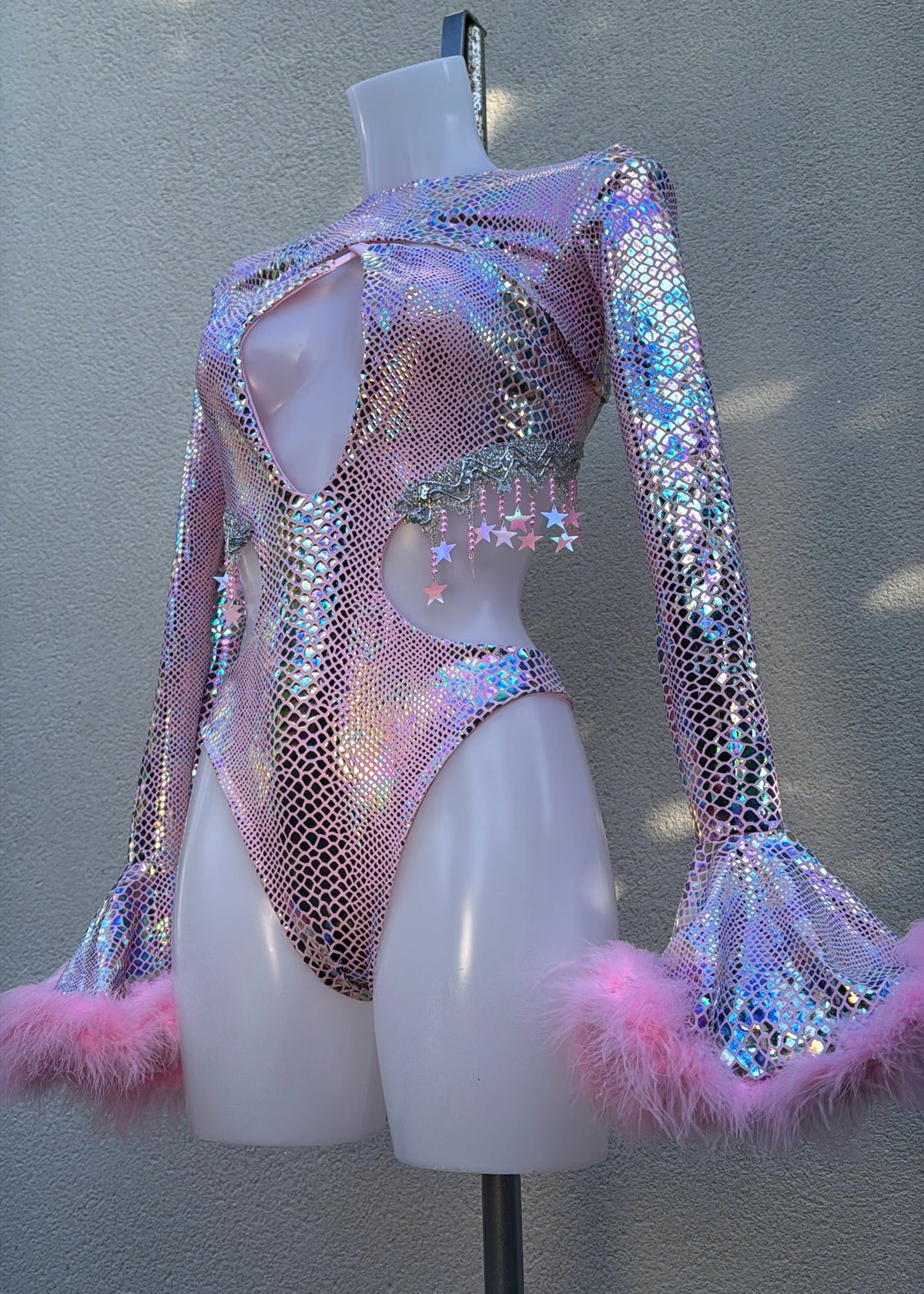 Pink Opal Snakeskin Halter Bodysuit and Floof Shrug
