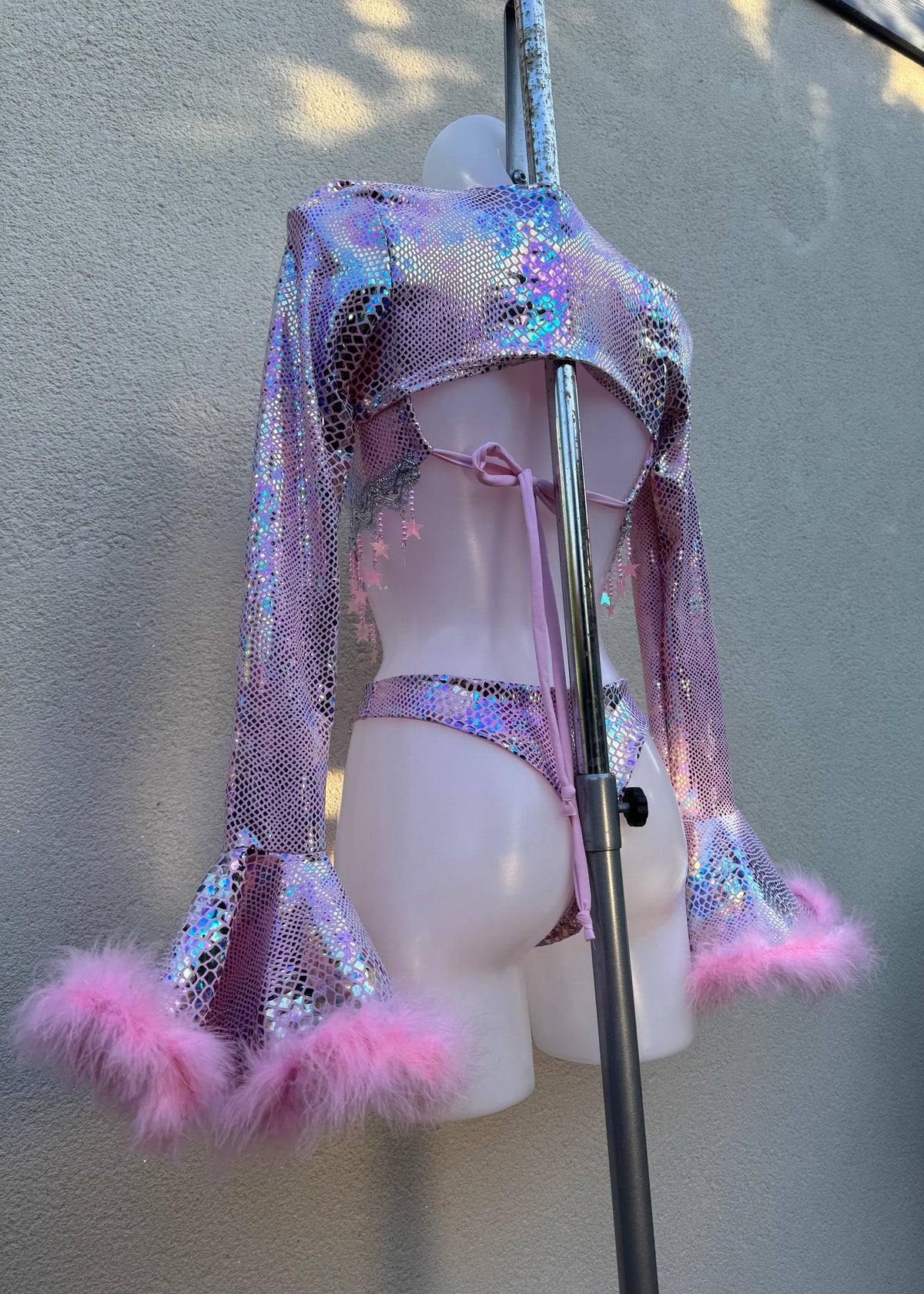 Pink Opal Snakeskin Halter Bodysuit and Floof Shrug