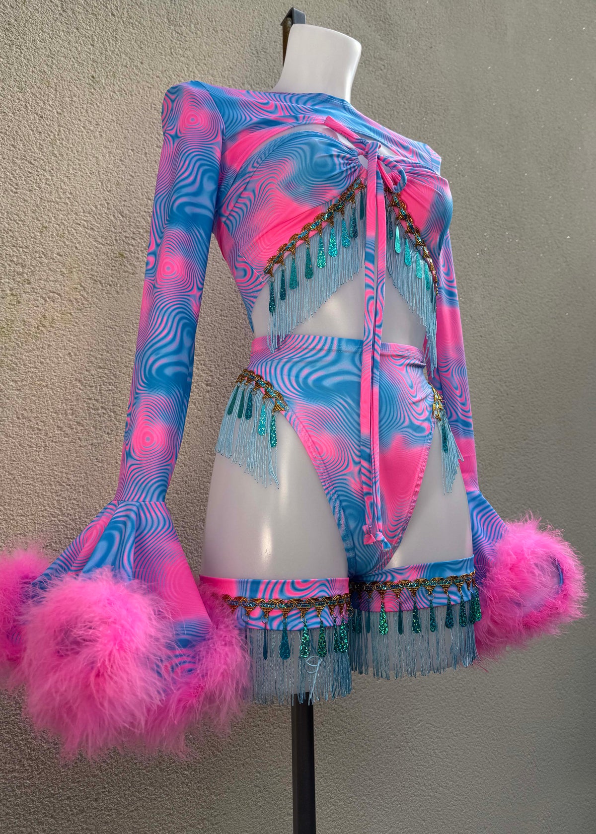 Blueberry Pink Iridescent Festival Outfit with Fluffy Wrist Shrug