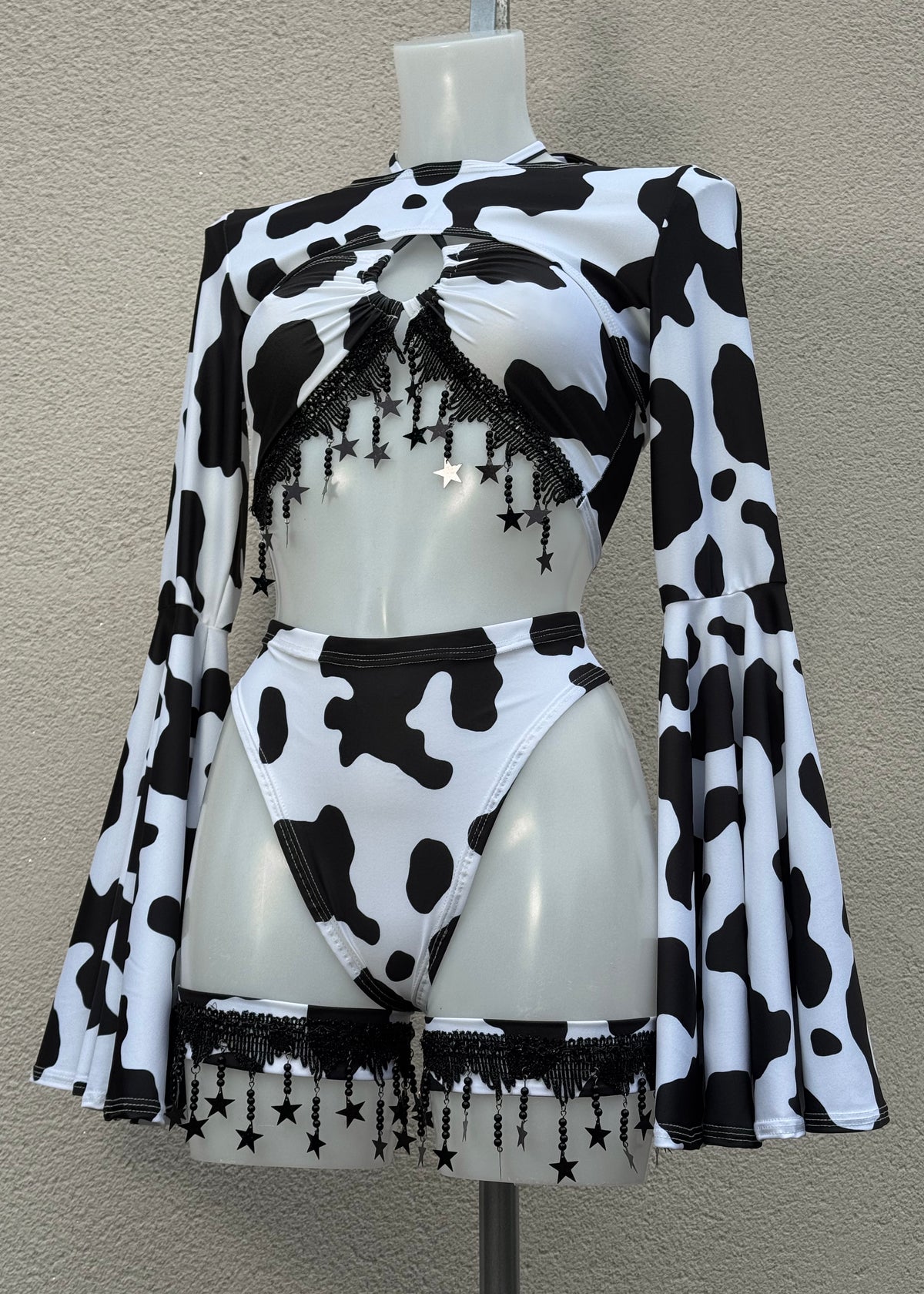 Cow Print Festival Outfit with Shrug and Leg Accessories