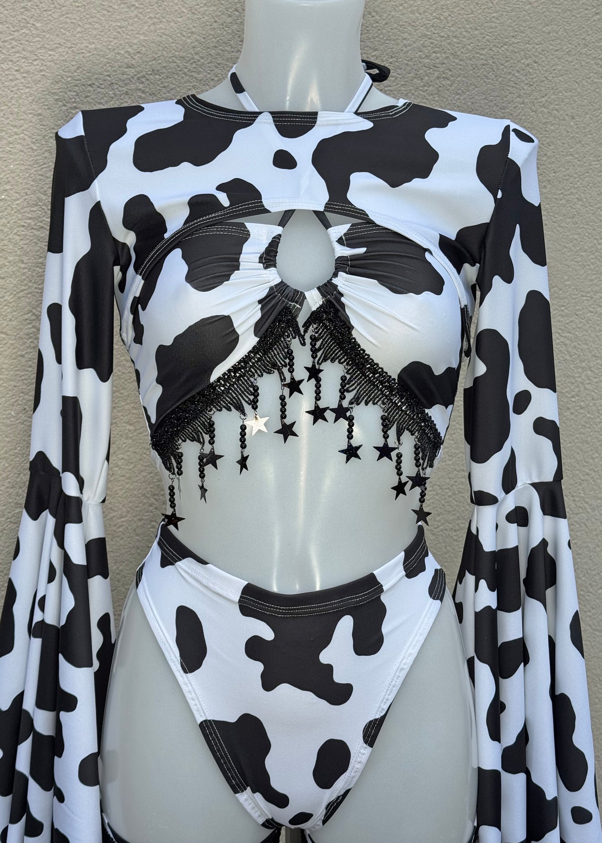 Cow Print Festival Outfit with Shrug and Leg Accessories
