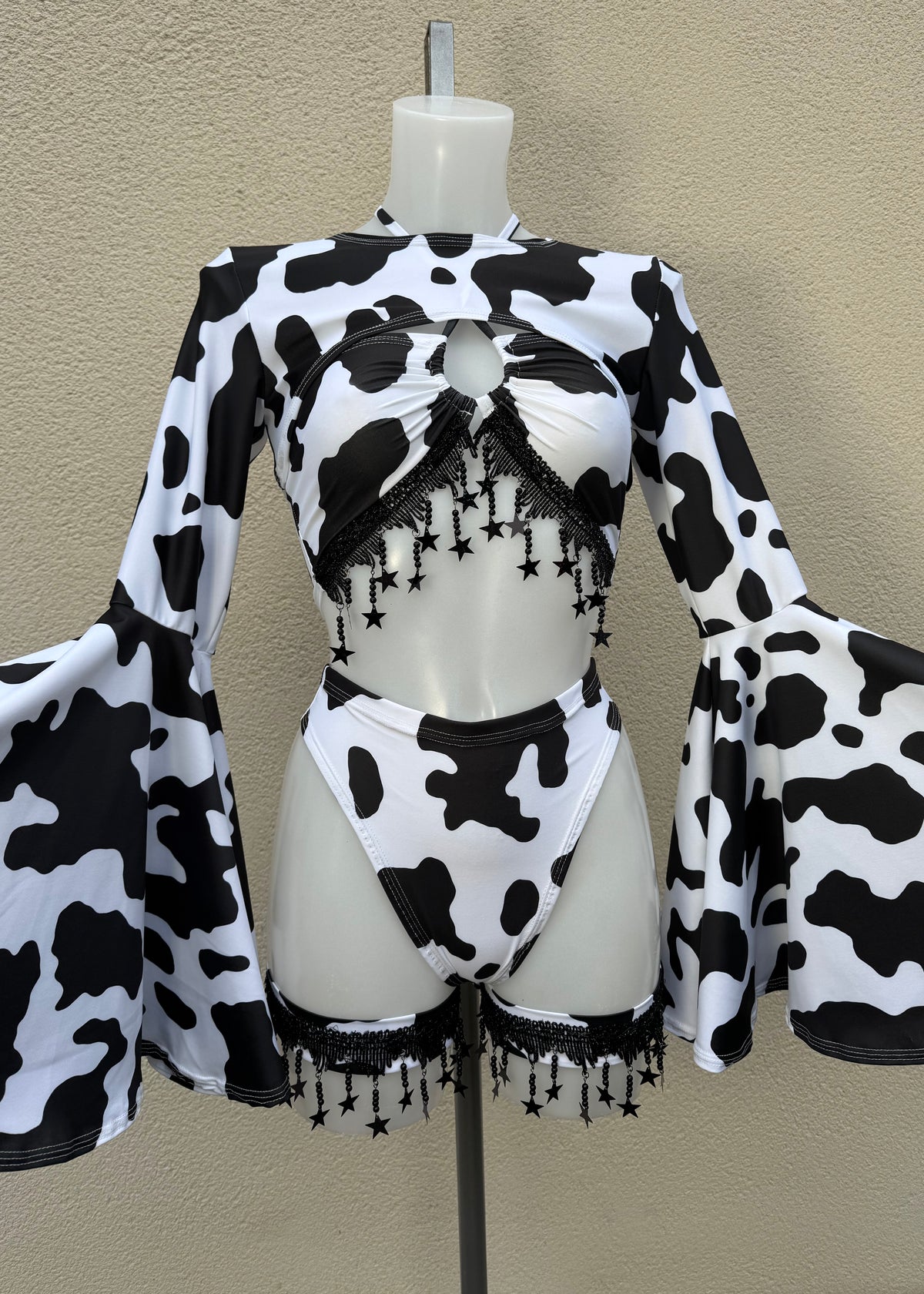 Cow Print Festival Outfit with Shrug and Leg Accessories