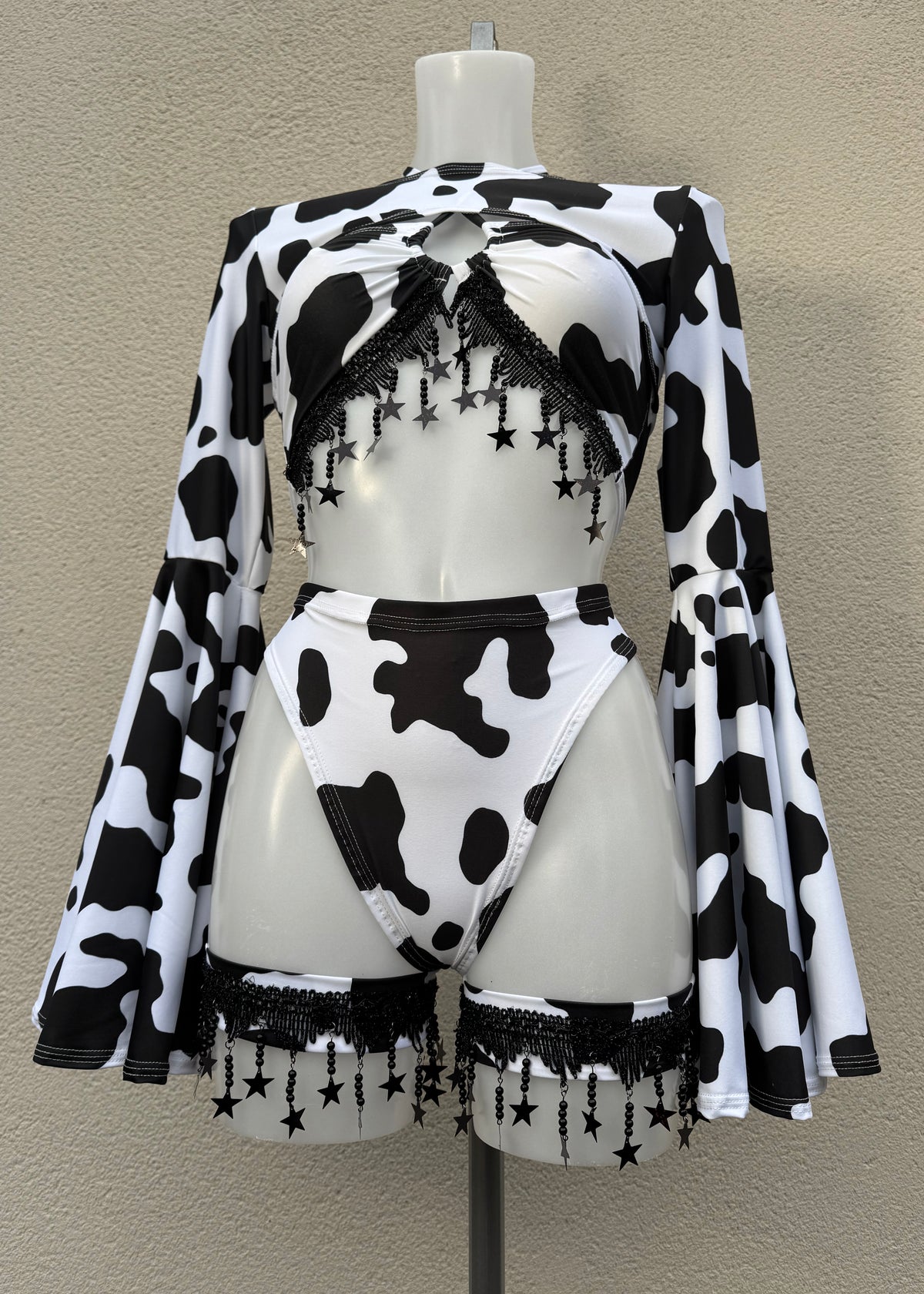 Cow Print Festival Outfit with Shrug and Leg Accessories