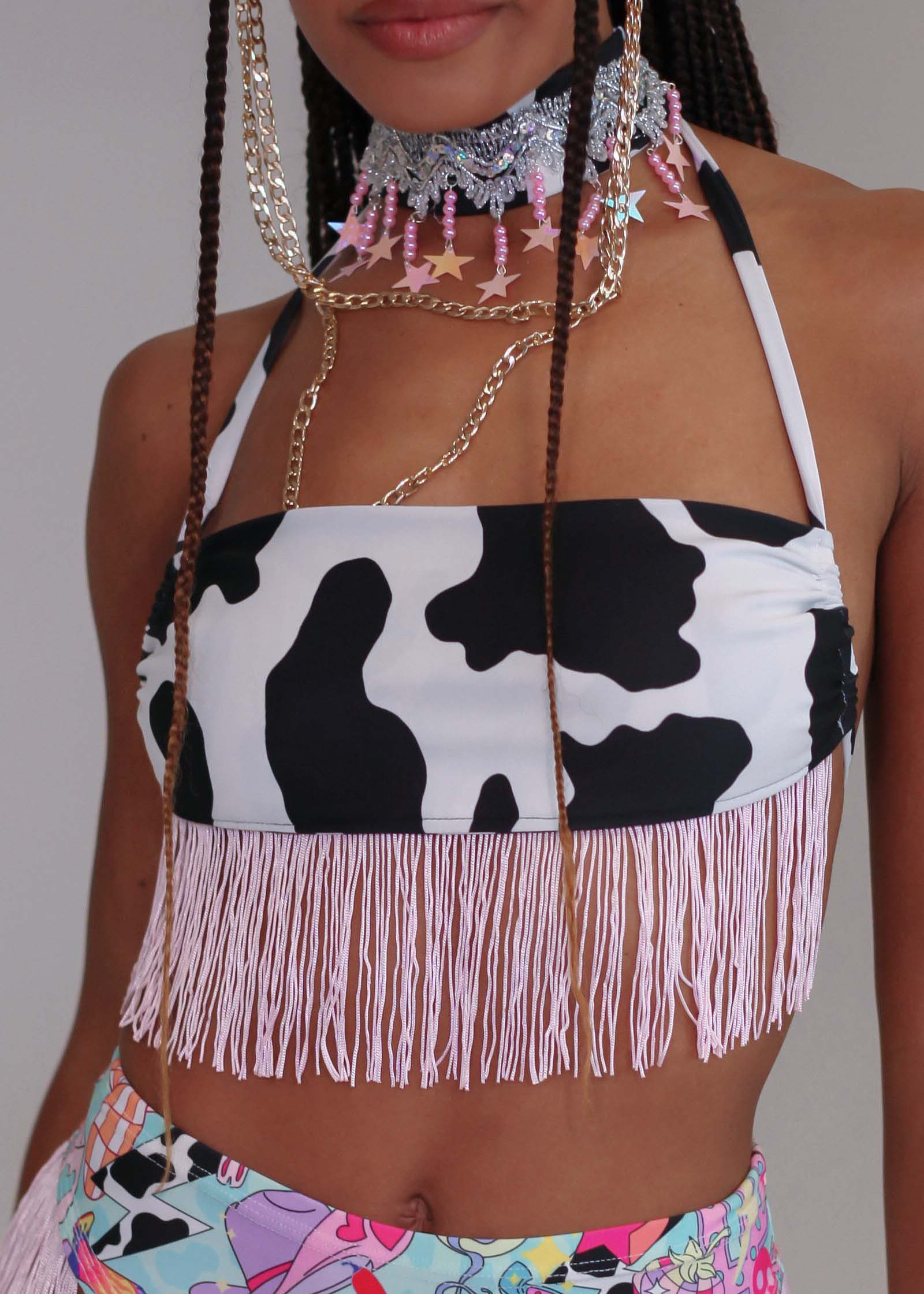 Cow Print Fringed String Bandeau Top