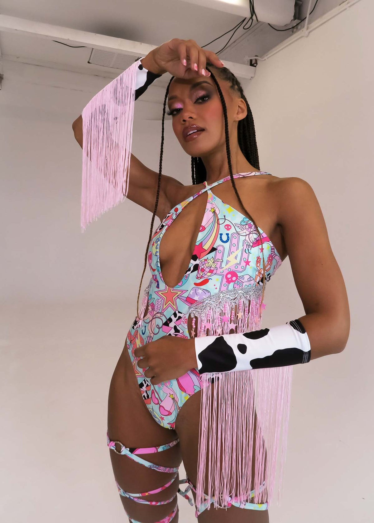 Cow Print Wrist Cuffs with Baby Pink Fringe