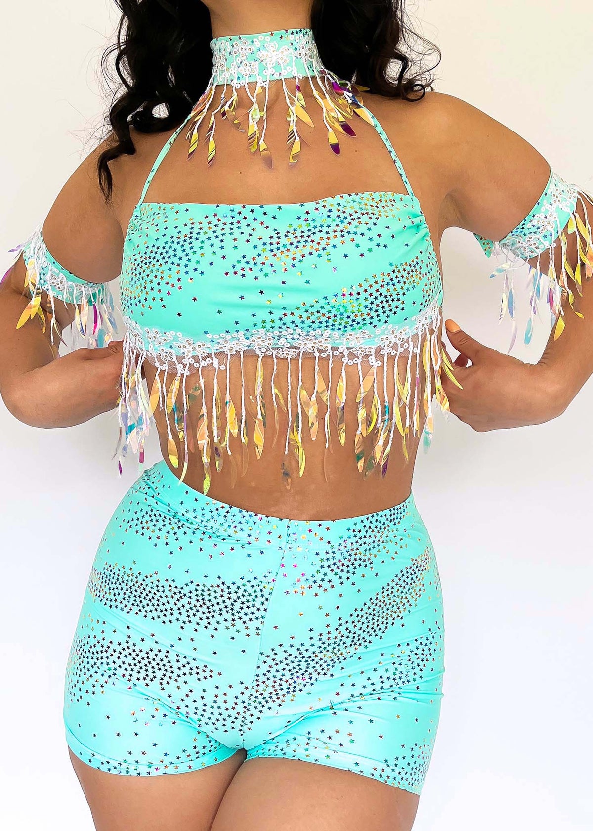 Mint Celestial Iridescent String Bandeau Top and Festival Shorts