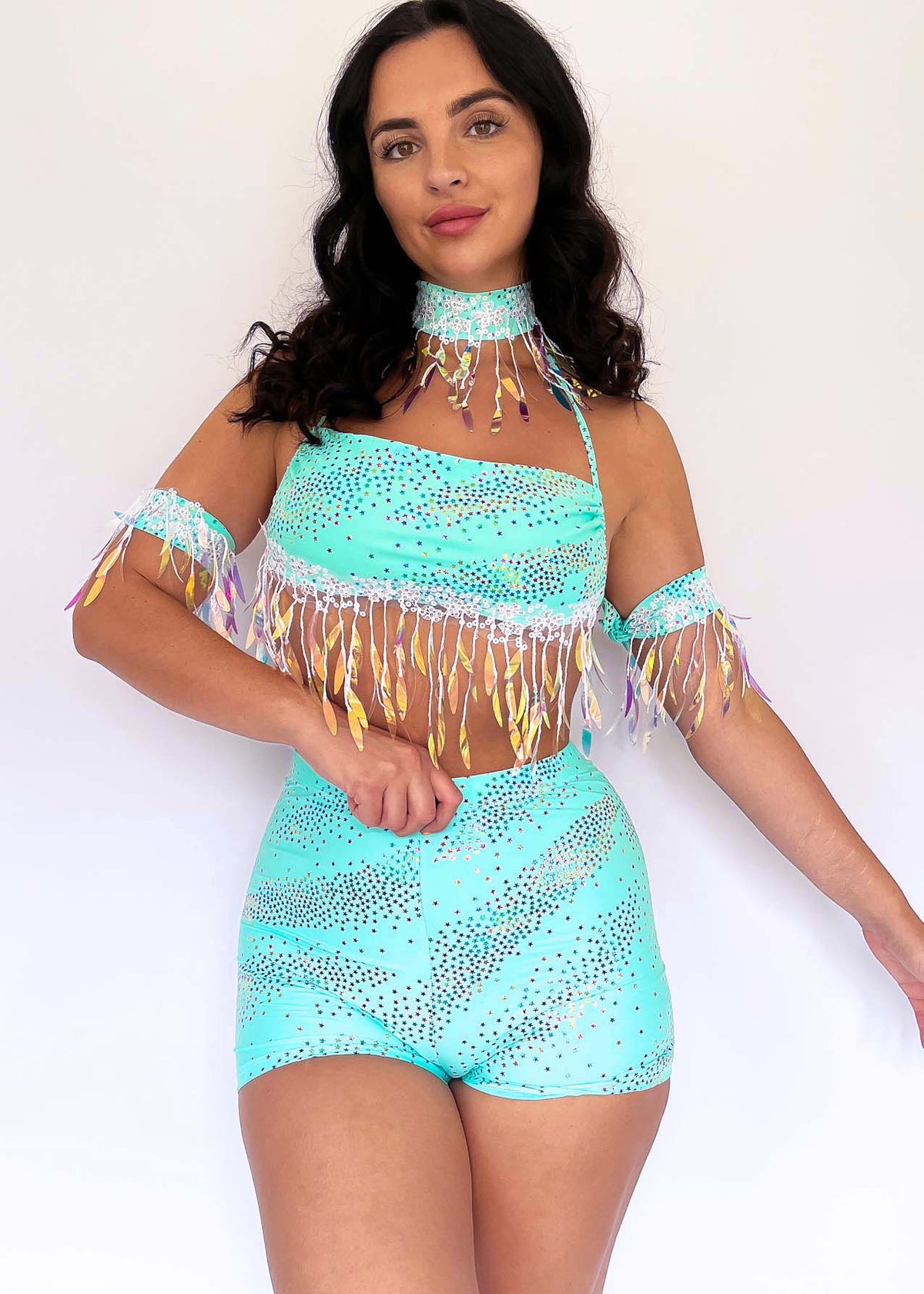 Mint Celestial Iridescent String Bandeau Top and Festival Shorts