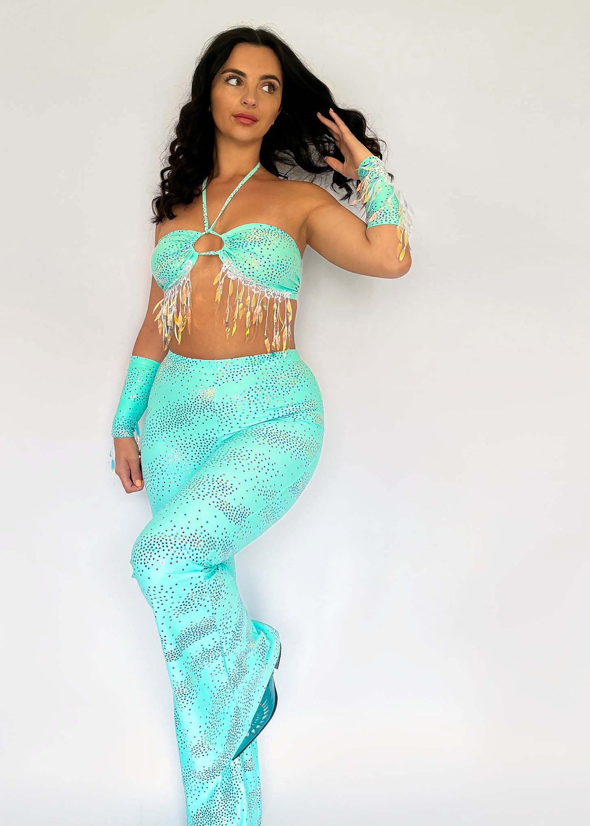 Mint Celestial Iridescent Keyhole Bandeau Top and Flared Pants