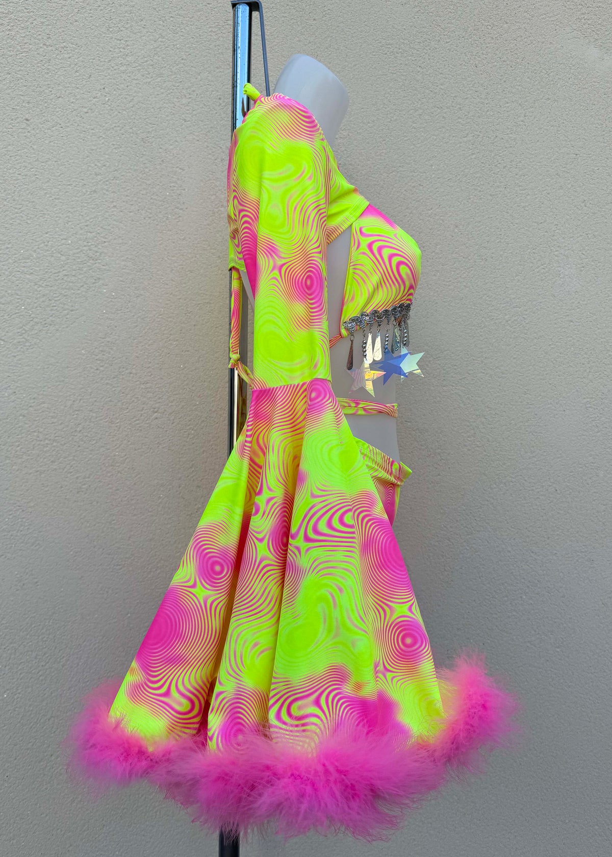 Neon Pink and Yellow Swirl Festival Outfit with Fluffy Shrug