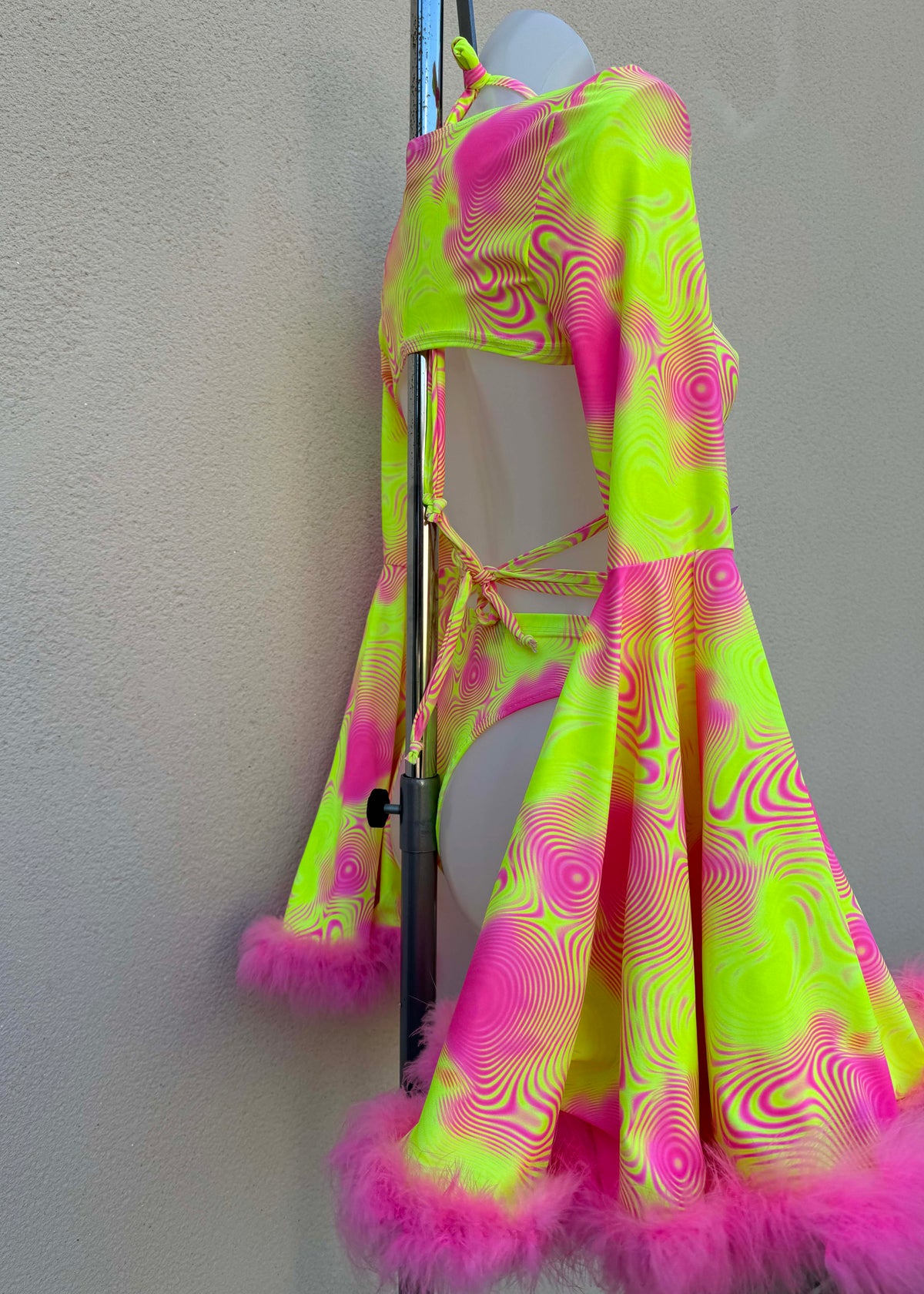 Neon Pink and Yellow Swirl Festival Outfit with Fluffy Shrug