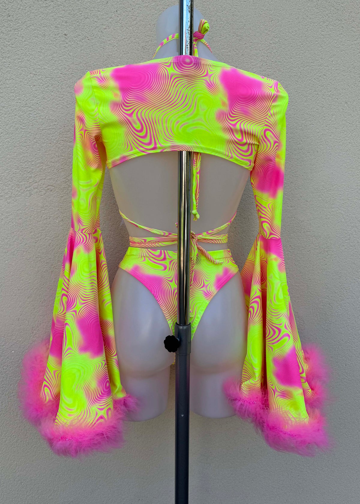 Neon Pink and Yellow Swirl Festival Outfit with Fluffy Shrug