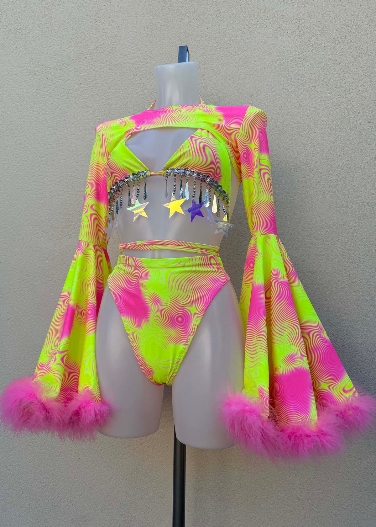 Neon Pink and Yellow Swirl Festival Outfit with Fluffy Shrug