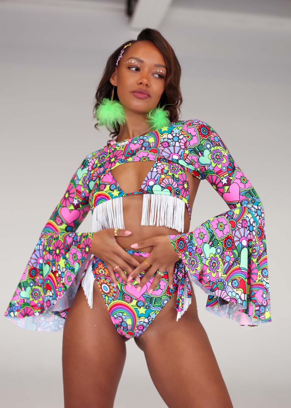 Trippin Daisies Fringe Triangle Top and Trippin Daisies Fringed Thong Bottoms