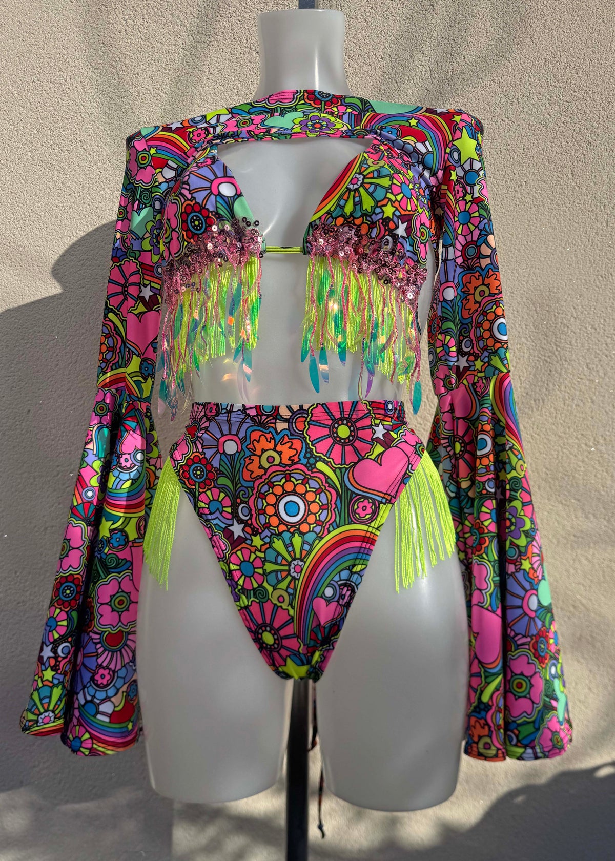 Trippin Daisies Green and Pink Fringed Festival Outfit with Accessories