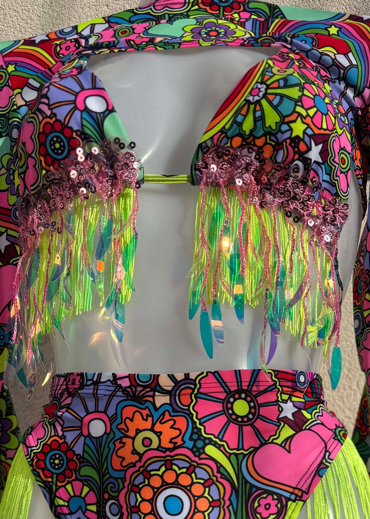 Trippin Daisies Green and Pink Fringed Festival Outfit with Accessories