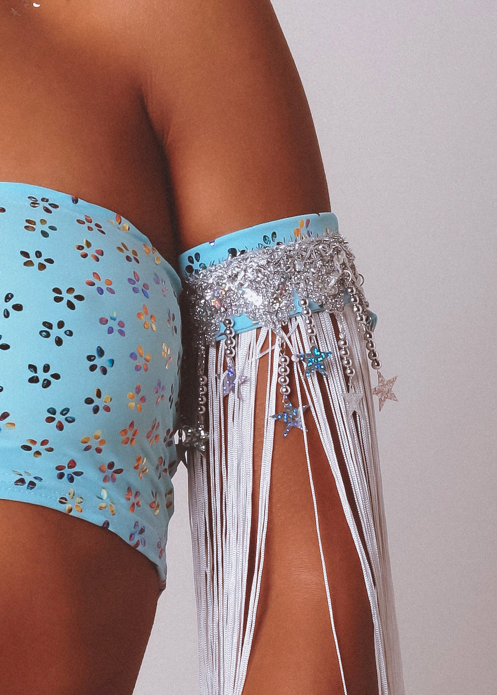 Baby Blue Gypsy Star and White Long Fringed Arm Cuffs