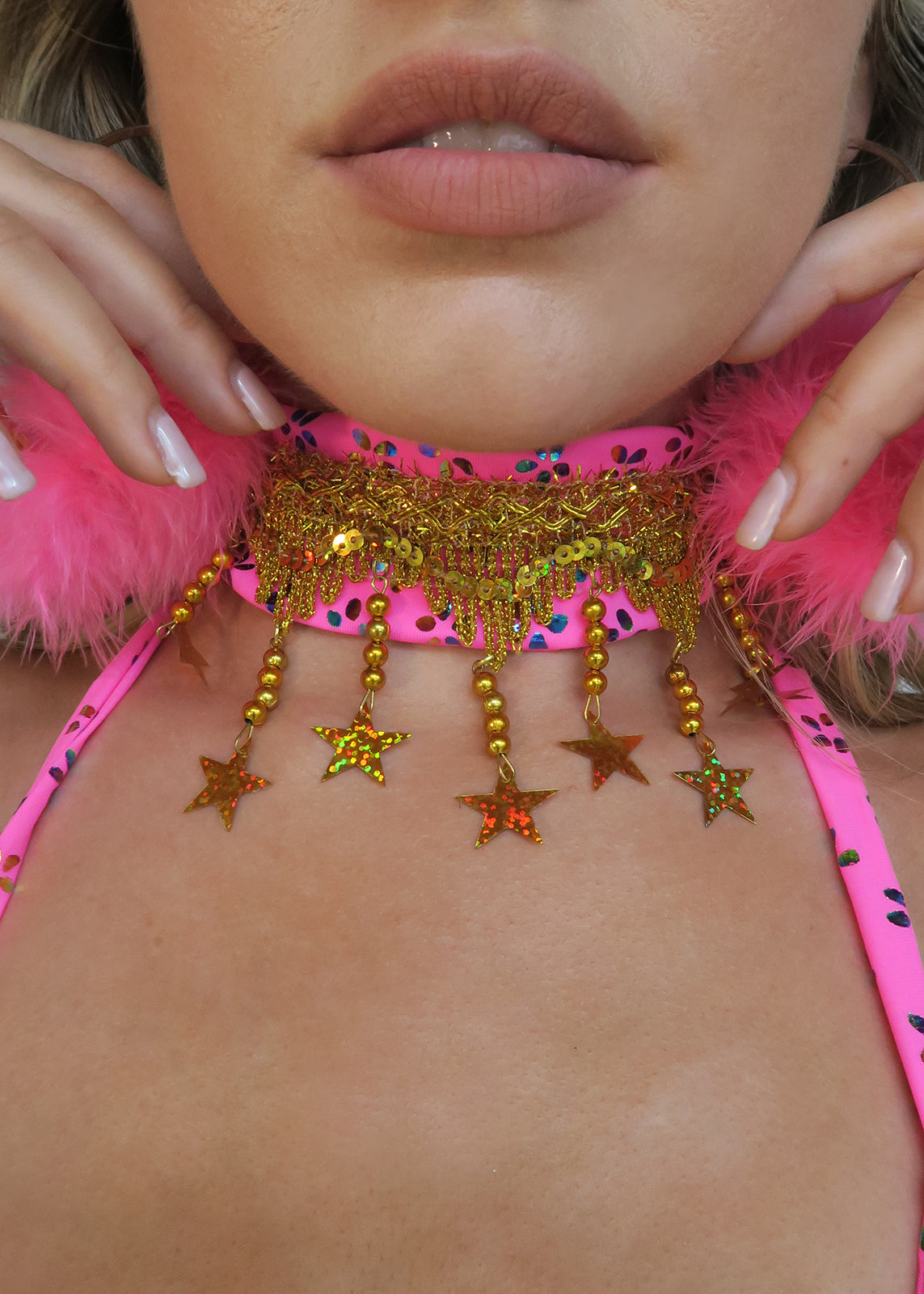Bright Pink Gypsy Star Necktie with Holo Gold Trim