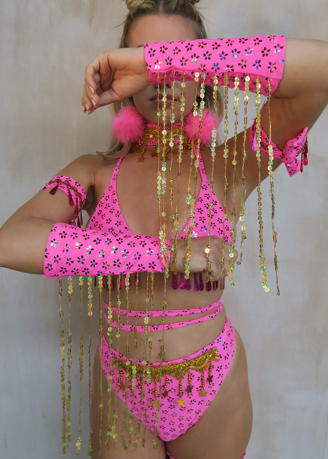 Bright Pink Gypsy Wrist Cuffs with Gold Sequin Fringe